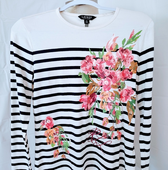 Ralph Lauren Black and White Striped Floral Blouse - Picture 1 of 4